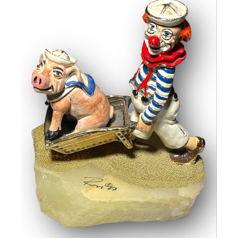 Ron Lee 1985 Brass Enamel Clown Pushing a Pig Wheelbarrow on Onyx Base 6X6 1/4”